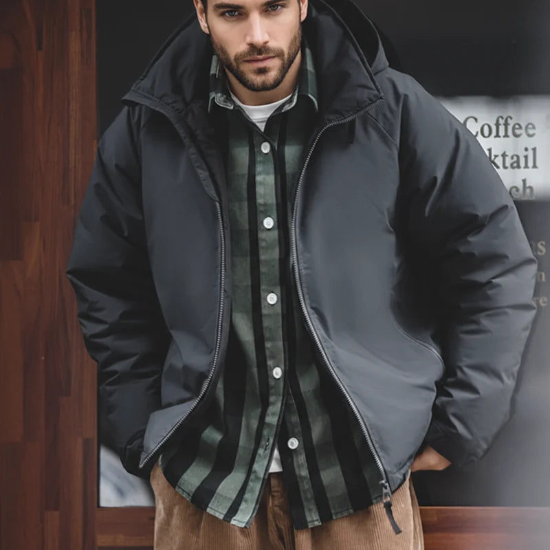 Maden Hooded Down Jacket for Men Winter Thickened Matte Glossy Fabric Parka Outdoor Warm Coat Versatile Outerwear Black Jacket - Matrix Studios
