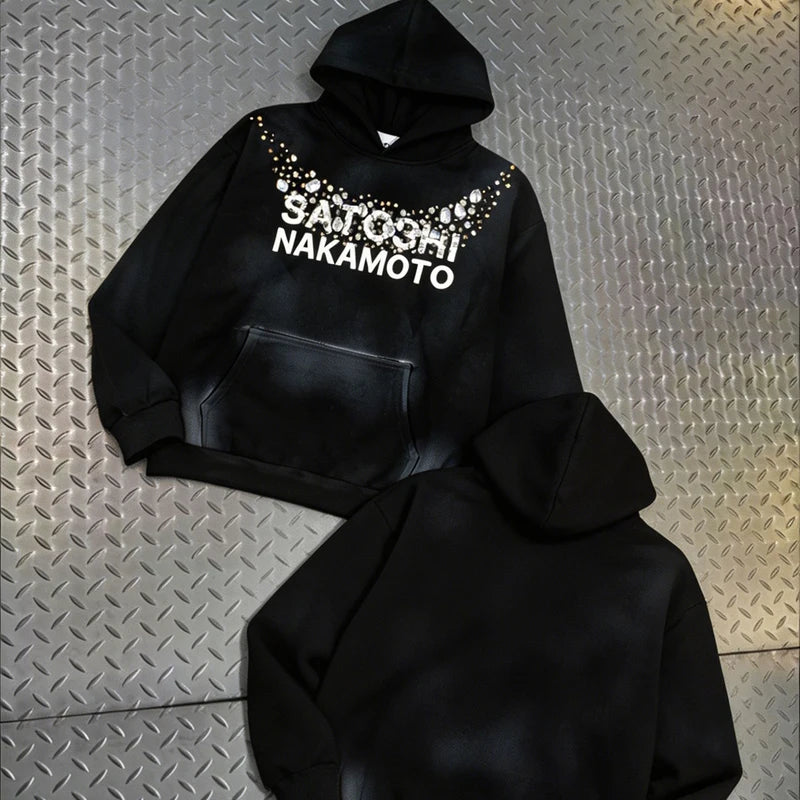 SATOSHI Hoodies Pullover 26ss Vintage Embroidery Leather Pattern Glittering Diamond Print Men's Hooded Hip Hop Style Sweatshirts - Matrix-studios.com