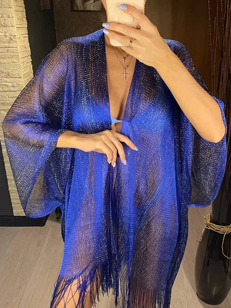 Gold Crochet Cover Up Women Sun Protective Beach Shirt Sheer Mesh Tunic with Shiny Tassel Trim Resort Wear Swimwear Cover Ups - Matrix Studios