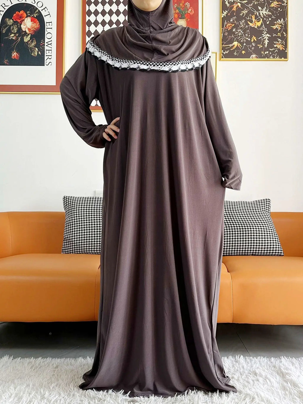2023 Muslim Solid Cotton Abaya For Women Ramadan Prayer Garment Joint Hat Dubai Turkey Middle East Femme Robe Floral Loose Dress - Matrix-studios.com