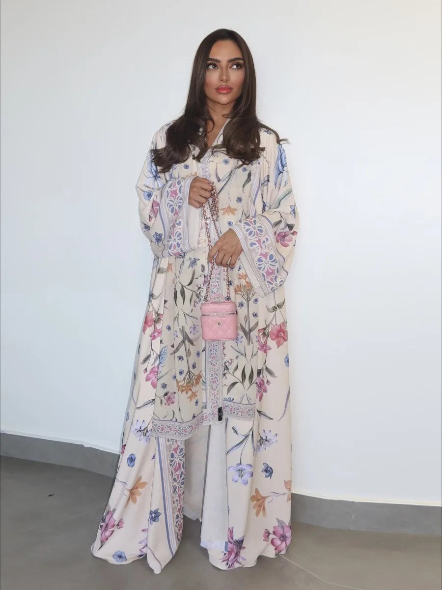 Eid Women Abaya Flower Print Open Cardigan Scarf Party Dress Muslim Long Sleeve Jalabiya Ramadan Abayas Kaftan Arab Long Robe - Matrix-studios.com