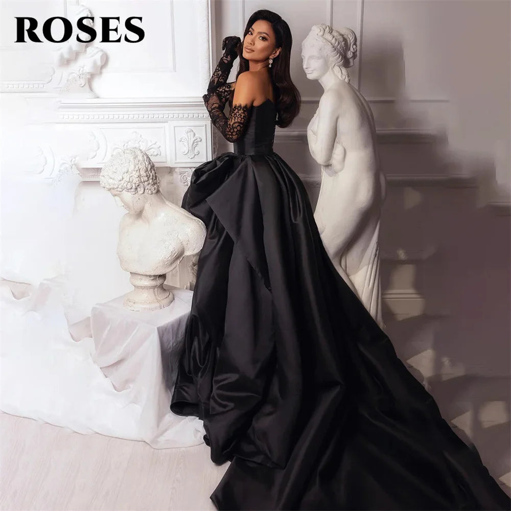 ROSES A Line Black Prom Dresses Sweetheart Stain Party Dresses Pleat Side Split robes du soir Sleeveless Wedding Darty Dresses - Matrix Studios