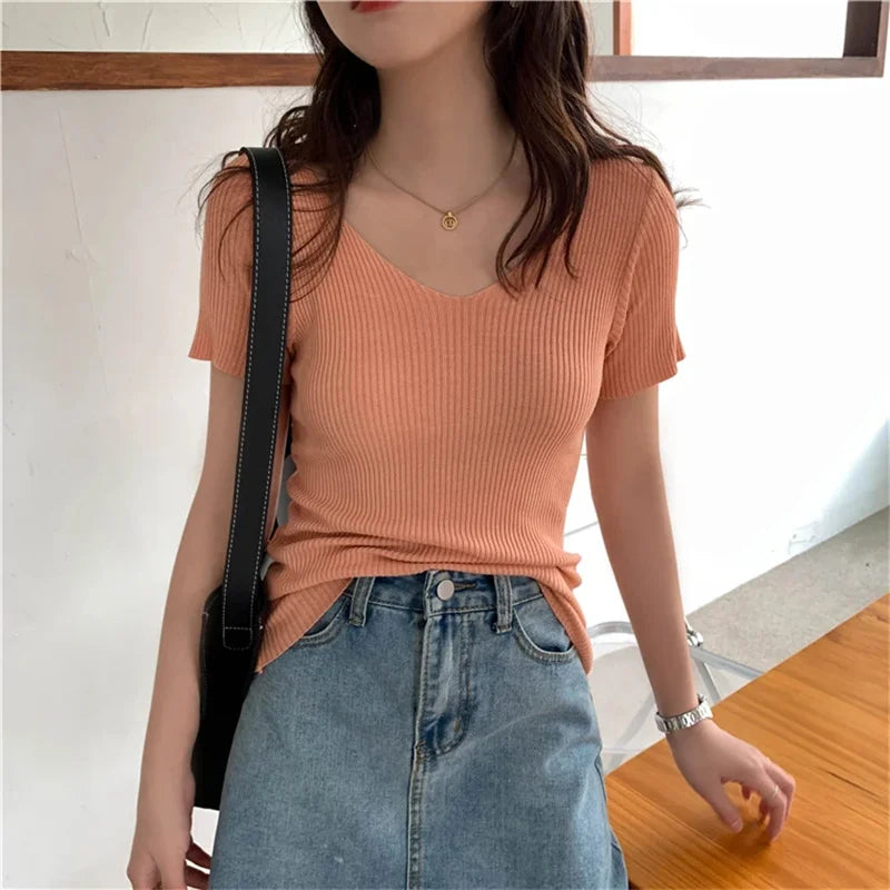 Basic V-neck Solid Thin Summer Pullover Women Female Knitted Ribbed Sweater Slim Short Sleeve Bodycon Sweater - Matrix Studios