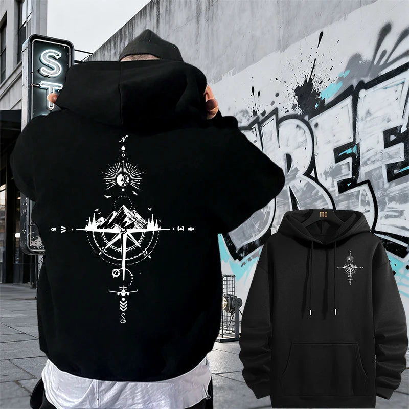 Vintage Compass Print Hoodies for Men High Quality Hooded Long Sleeve Pullover All Season Daily Casual Sports Tops Men's Clothes - Matrix Studios