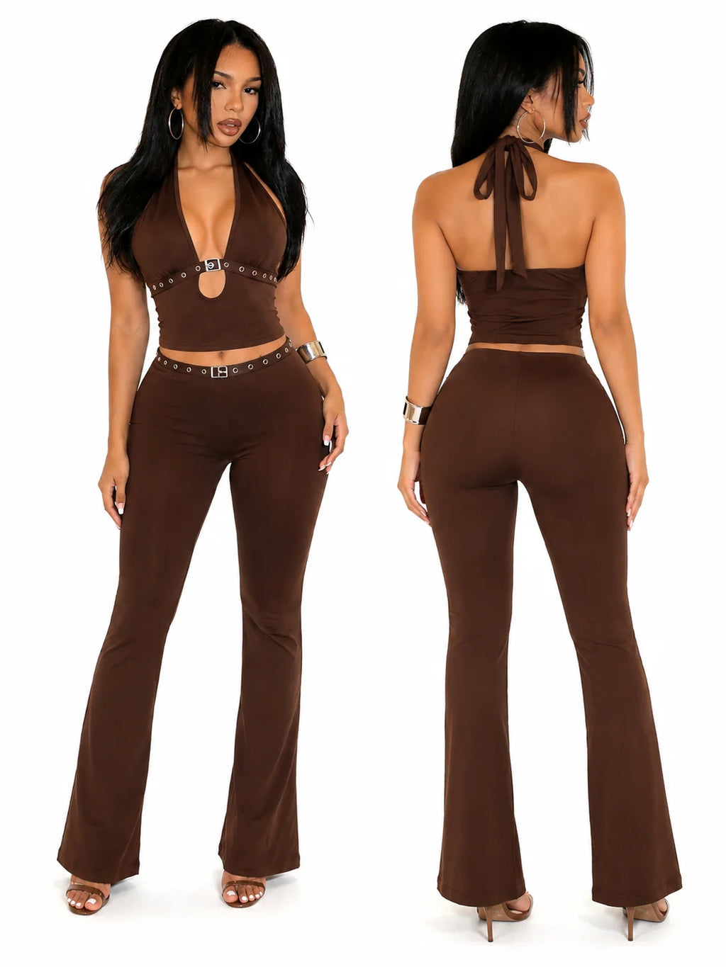 Women 2 Piece Outfits Halter Cutout Crop Top & Flare Pants Set, Metal Buckle Eyelet Detail Sleeveless Bodycon Matching Sets Y2K Club Co‑Ord - Matrix-studios.com