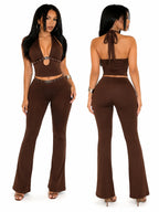 Women 2 Piece Outfits Halter Cutout Crop Top & Flare Pants Set, Metal Buckle Eyelet Detail Sleeveless Bodycon Matching Sets Y2K Club Co‑Ord - Matrix-studios.com