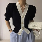 Knitted Sweater Women Cardigans New Sueter Feminino V-Neck Spliced Knit Sweater Cardigan Women Tops Short Sleeve Sweaters Q3558 - Matrix Studios