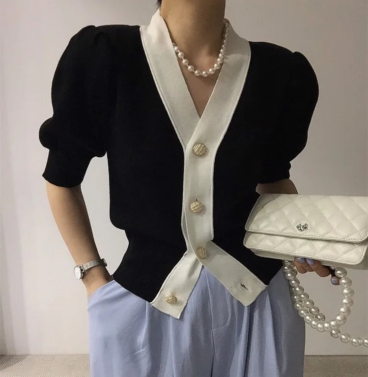 Knitted Sweater Women Cardigans New Sueter Feminino V-Neck Spliced Knit Sweater Cardigan Women Tops Short Sleeve Sweaters Q3558 - Matrix Studios