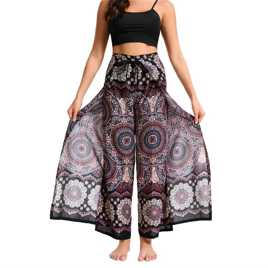 Women's Boho Palazzo Pants Wide Leg Yoga Wrap Tie Up Waistband Beach Cover Up Trousers Rayon Soft Breathable Loose Pants - Matrix Studios