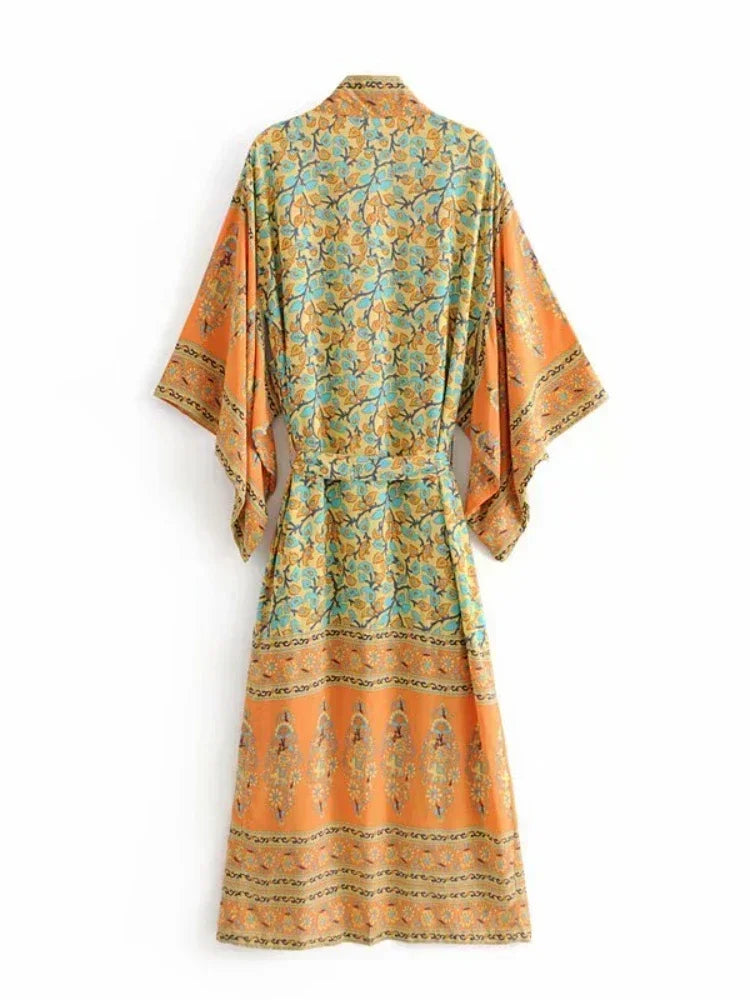 Vintage Chic Women Yellow Floral Print Beach Bohemian Kimono Ladies V Neck Batwing Sleeves Maxi Robe Boho Bikini Cover-ups - Matrix Studios