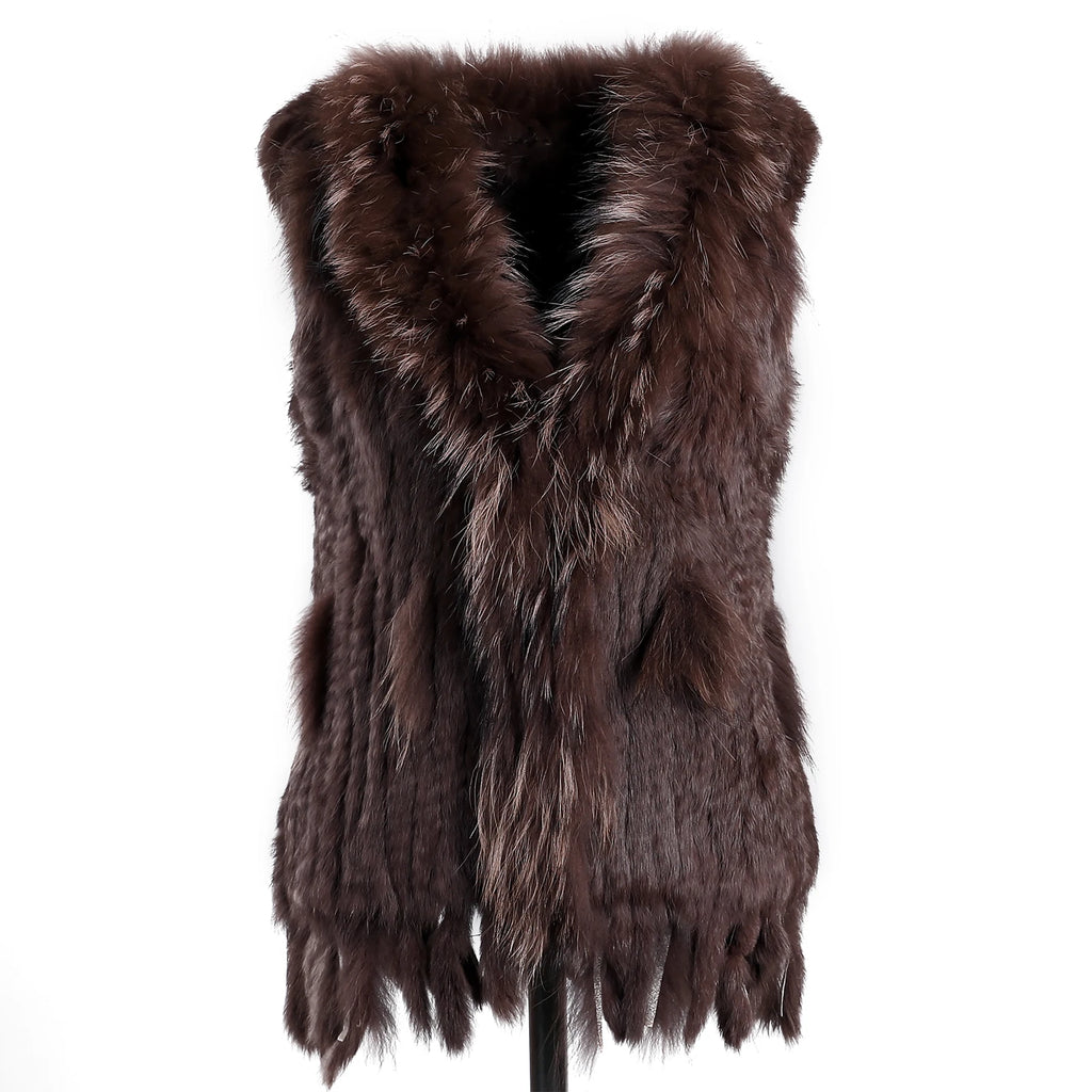 BOONJOVIA Women's 100% Real Rabbit Fur Knitted Vest Raccoon Fur Trim Collar Gilet Lady Fashion Waistcoat For Autumn Winter - Matrix Studios