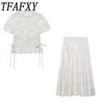 TFAFXY 2026 Summer Bow Plaid Embroidered Blouse Women Sets A-line Midi Long Skirt Suits Y2K - Matrix-studios.com