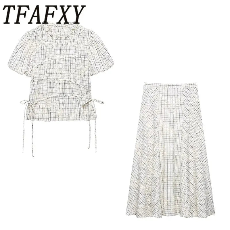 TFAFXY 2026 Summer Bow Plaid Embroidered Blouse Women Sets A-line Midi Long Skirt Suits Y2K - Matrix-studios.com