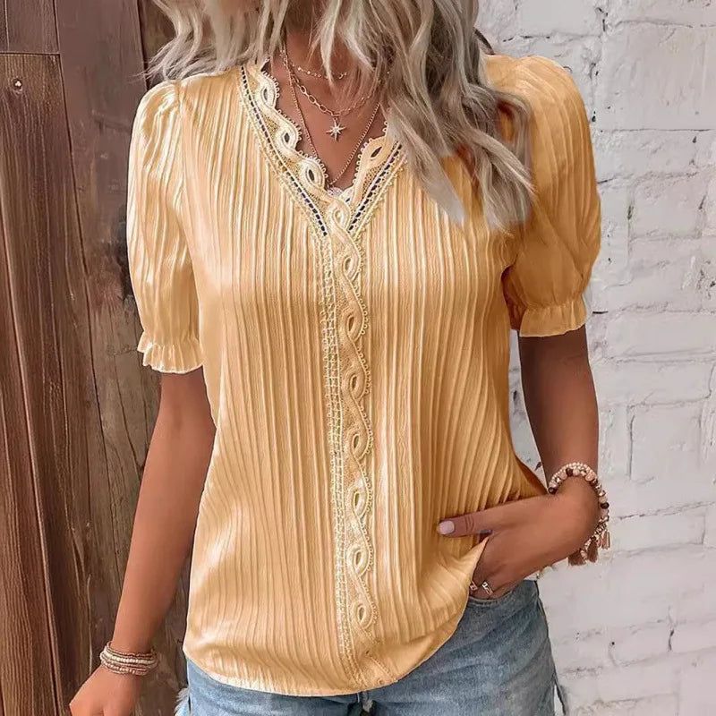 Women's Lace Stitching Shirt Summer Loose V Neck Short Sleeve Pullover Chiffon Shirt Solid Top Simple Elegant Street Blouse - Matrix-studios.com