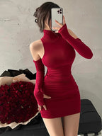 Summer Sexy High Neck Tight Dress Oversleeve Pleated Bottom Wrapped Hip Dress Women Bodycon - Matrix-studios.com
