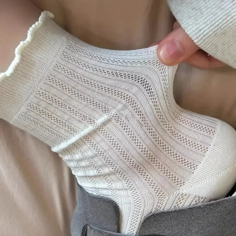 5/10 Pairs Women Solid Color Mesh Mid Tube Socks Summer Lightweight Breathable Fashionable Wavy Edge Ballet Style Casual Socks - Matrix Studios