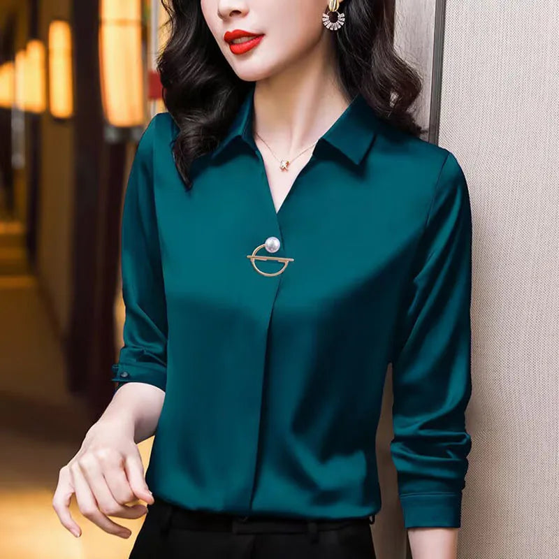 Elegant Women Chiffon Blouse 2025 New Temperament Turndown Collar Office Lady Shirt Streetwear Casual Solid Color Tops Clothing - Matrix-studios.com
