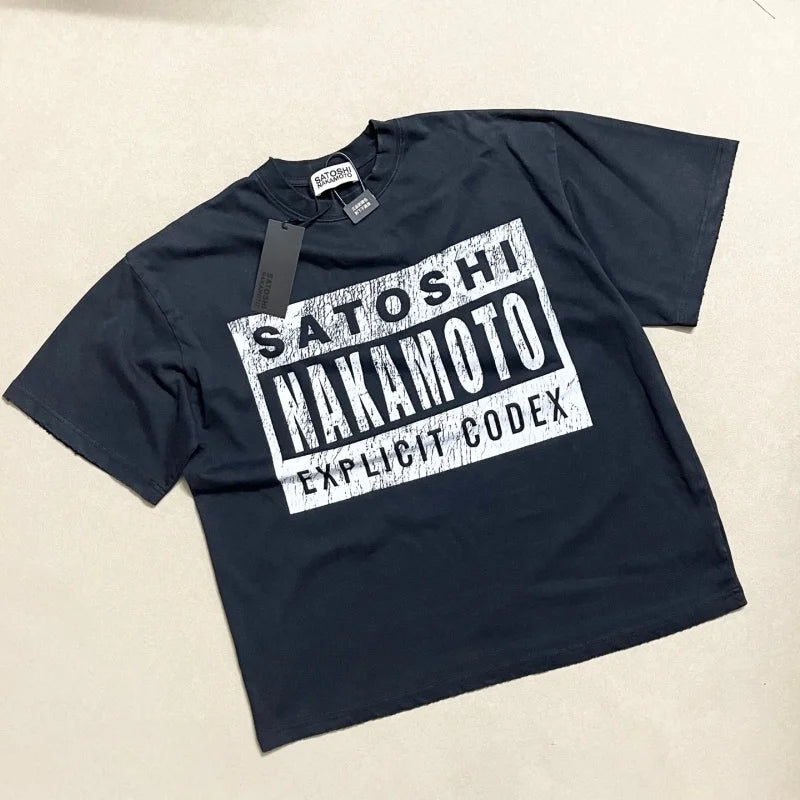 Mens Vintage Block Letter Short Sleeve T-Shirt Satoshi Nakamoto Oversized Dual Side Color Square Graphic Tee - Matrix-studios.com