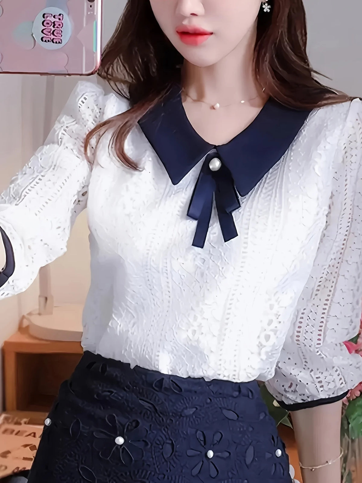 Women's Spring Autumn Style Lace Blouses Shirt Women Peter Pan Collar Solid Color Half Sleeve Elegant Lace Tops SP8676 - Matrix-studios.com
