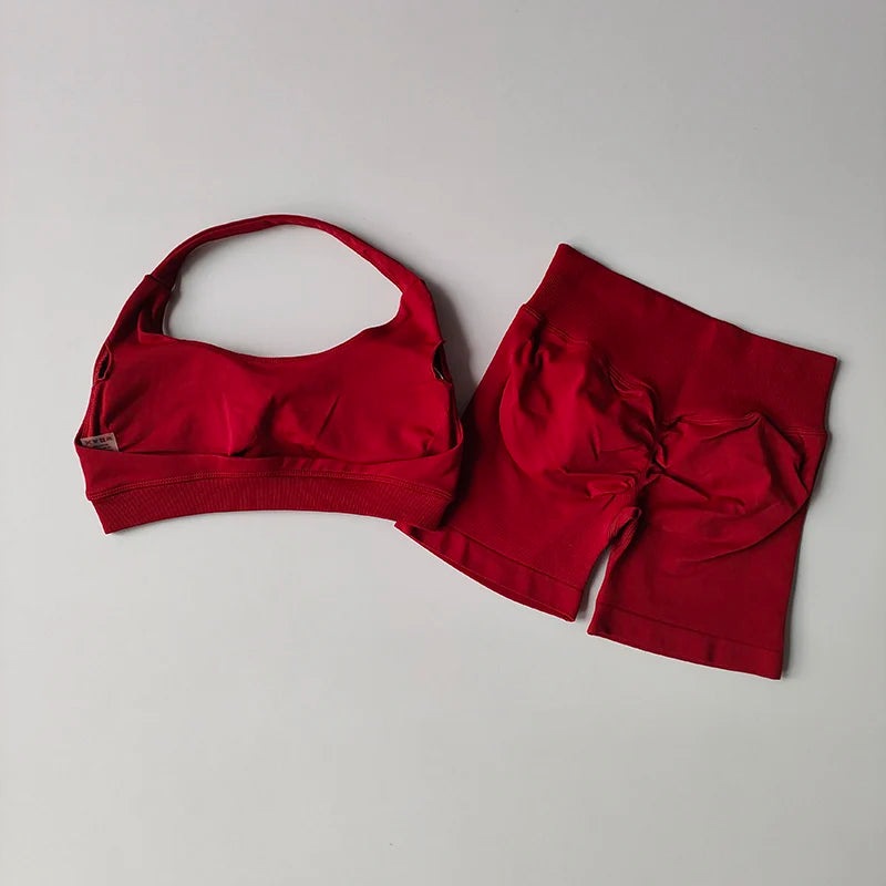 Sexy Halter Neck Beautiful Back High Waist Peach Sports Bras Shorts Suit Pilates Gathering Yoga Vest Training Fitness Bra Sets - Matrix-studios.com