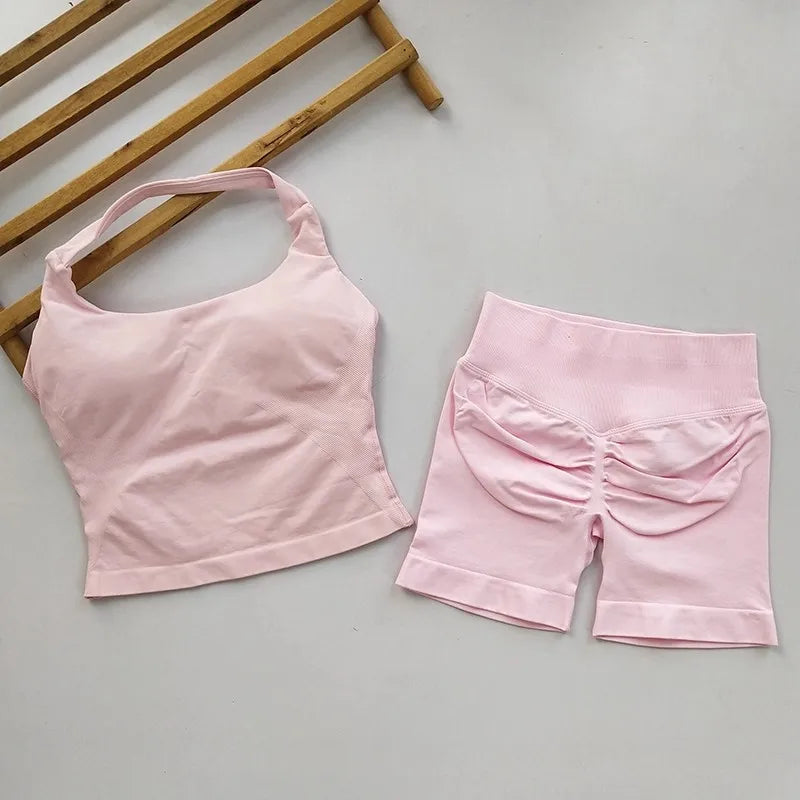 Yoga 2 Pieces Gym Set Women Backless Halter Tops High Waist Seamless Shorts Gym Suit Fitness Sports Bras Sportswear Workout Sets - Matrix-studios.com