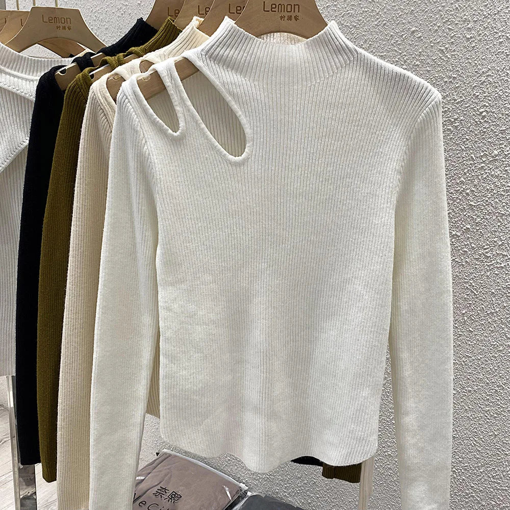 Hollow-out Turtleneck Knitted Women Sweater Ribbed Pullovers Autumn Winter Basic Women Sweaters Fit Soft Warm Tops - Matrix Studios