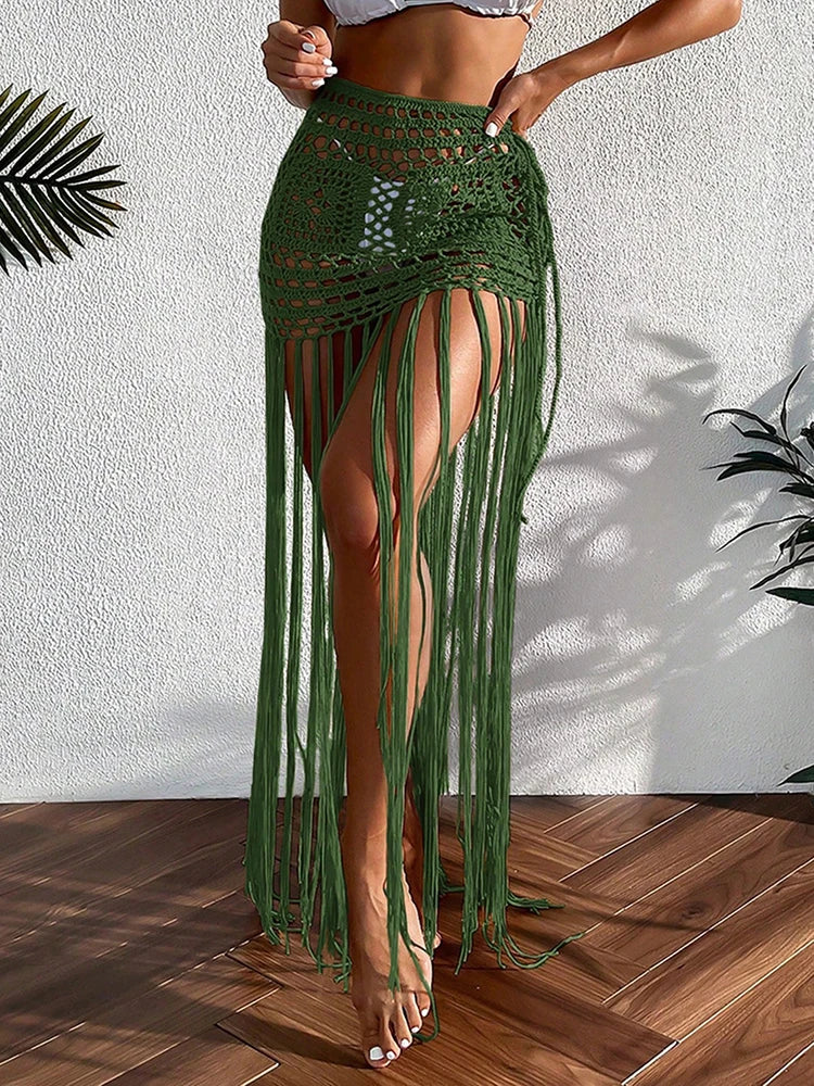 Crochet Tassel Bikini Cover Up Dress Beach Wear Women Tie Up Bather Bathing Suit Tassel Long Skirt Swimsuit Cover Up Beach Dress - Matrix Studios