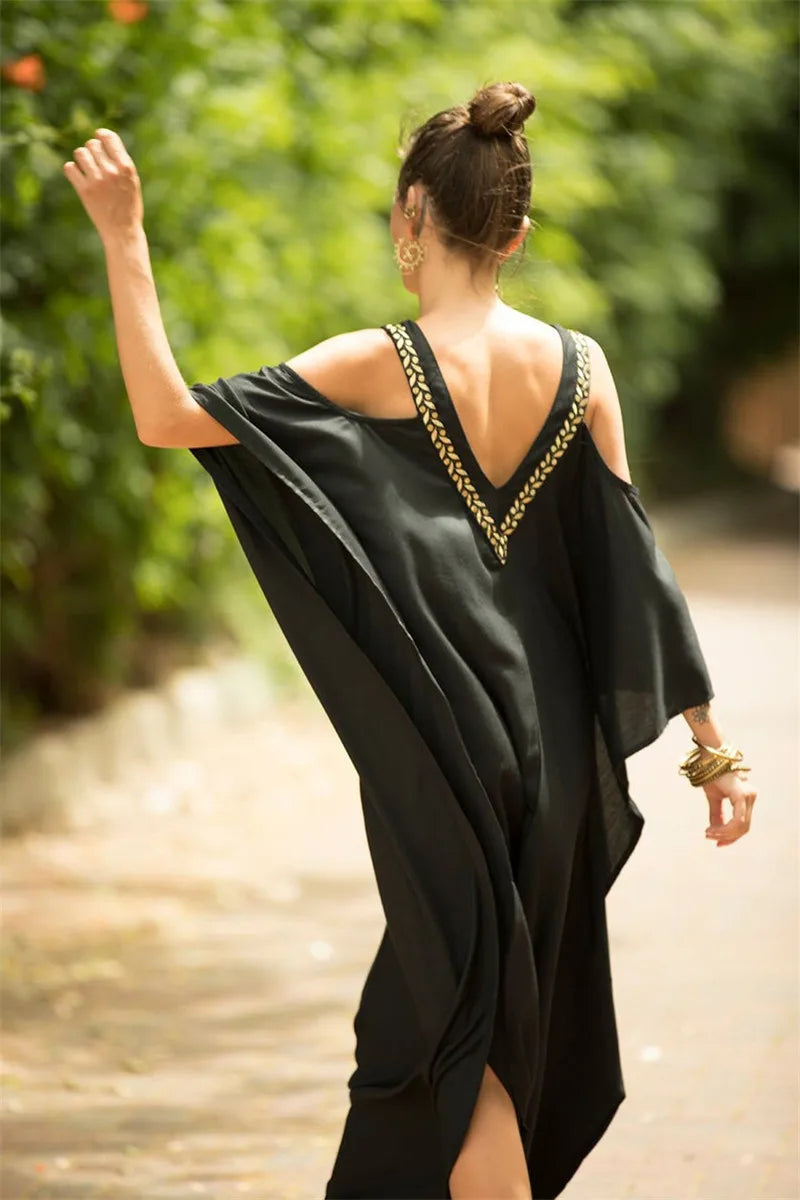 Kaftan Dresses Swimsuit Cover Up Maxi Dress Beach Wear Turkish Cold Shoulder Beach Outifits Summer Vacation - Matrix Studios