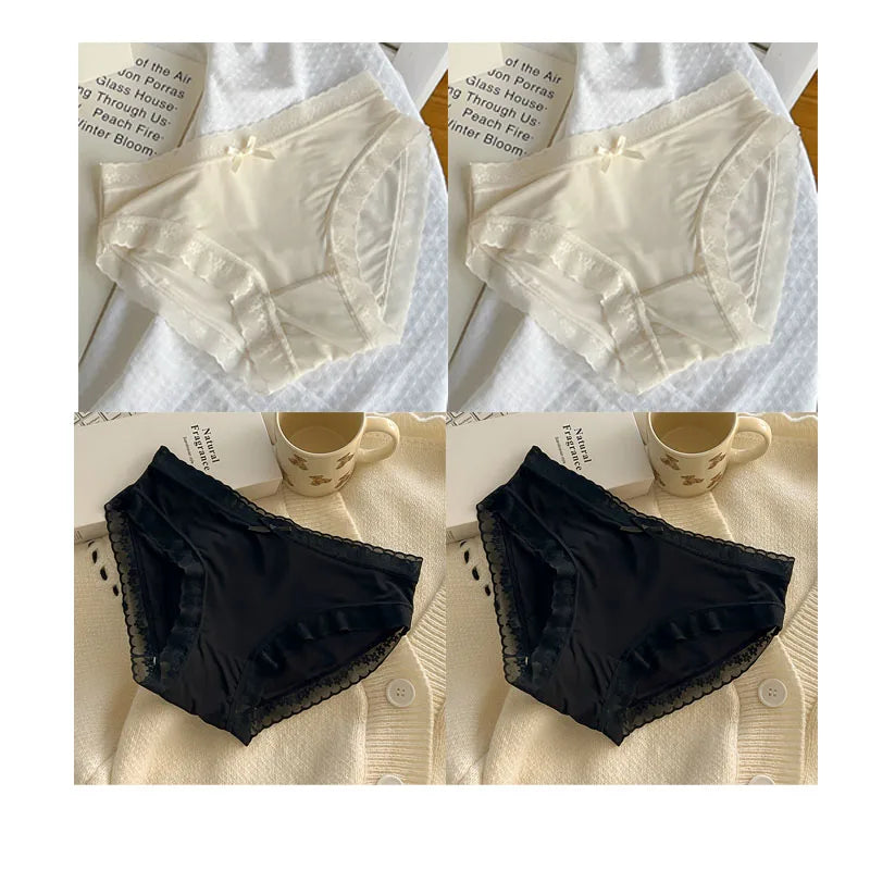 4 PCS/PACK Solid Color Women's Panties Mid-Waist Breathable Comfort Sexy Antibacterial Lace Innerwear - Matrix Studios