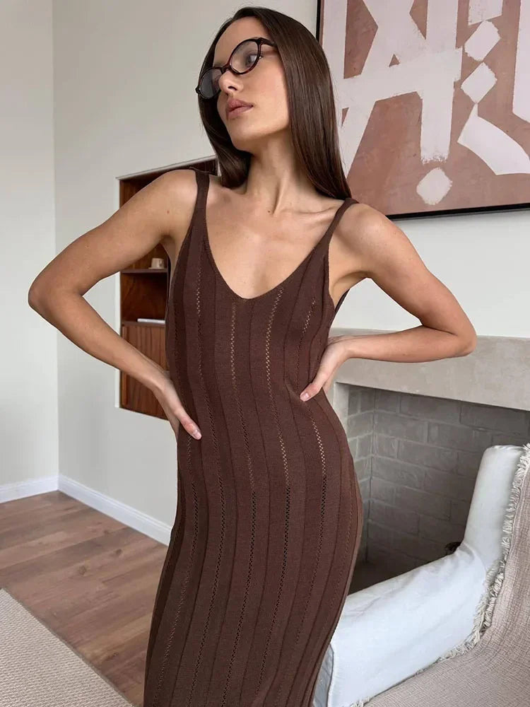 Trendix Knit Backless Dress For Women V Neck Slim Sleeveless Suspender Maxi Dress Vacation Sexy Beach Knitted Elegant Long Dress - Matrix-studios.com
