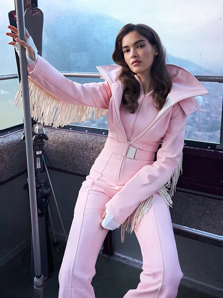 Casual Solid Tassels Women's Ski Suit Zippers Fur Hooded Slim High Waist Lady Jumpsuits 2025 Winter Fashion Female Warm Skiwear - Matrix Studios