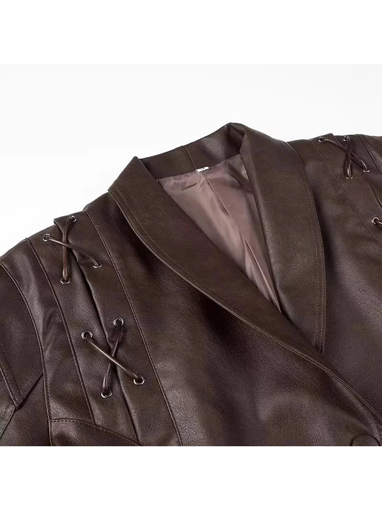 Mauroicardi Spring Autumn Short Retro Brown Pu Leather Jacket Women Sashes Lace Up Luxury Designer Emo Clothes European Fashion - Matrix Studios