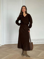 Hirsionsan Sexy Soft Elegant Vintage Women Suits 2 Pieces Female Sets Polo Neck Cardigan Sweater & Midi Dress Knitted TrackSuit - Matrix-studios.com