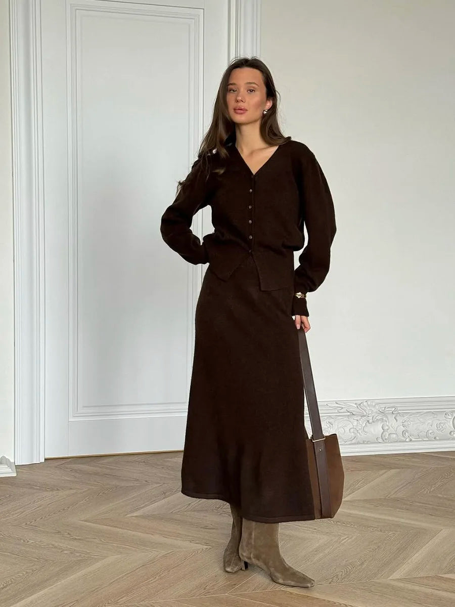 Hirsionsan Sexy Soft Elegant Vintage Women Suits 2 Pieces Female Sets Polo Neck Cardigan Sweater & Midi Dress Knitted TrackSuit - Matrix-studios.com