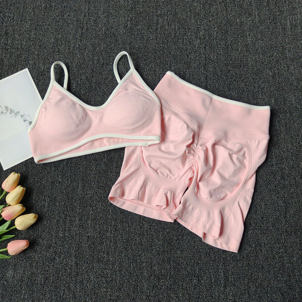 Peach Buttock Yoga Suit Women Gym Seamless Suspender Gathering Bra High Waist Hip Lifting Belly Tightening Shorts Fitness Set - Matrix-studios.com