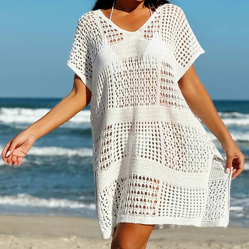 Knitting V-Neck Sexy Hollow Out Beach Bikini Cover-Ups Ladies Summer Vacation Casual Loose Beachwear Sunscreen Smock - Matrix Studios