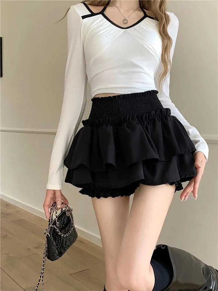 Mini Skirt Cute Sexy Balletcore Elastic High Waist Ball Gown Ruffle Patchwork Lolita Skirt Short Korean Sweet Y2K Women Clothing - Matrix-studios.com