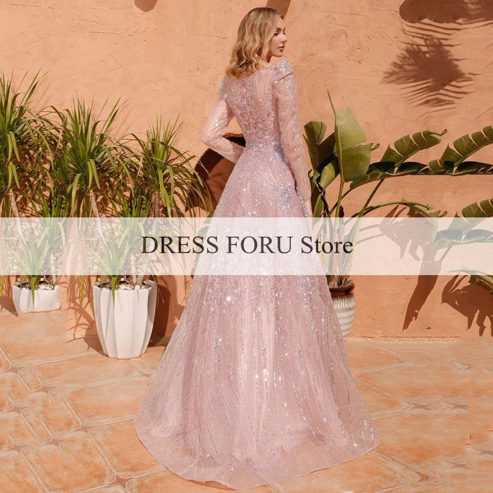 Sparkle Sequin Tulle Evening Dresses For Women Custom Pink A Line V Neck Long Sleeves Floor Length Zipper Back Prom Party Gowns - Matrix Studios