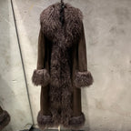 Suede Coat Fur Collar Women Autumn Genuine Sheepskin Coat Long with Mongfolian Fur Trim - Matrix Studios