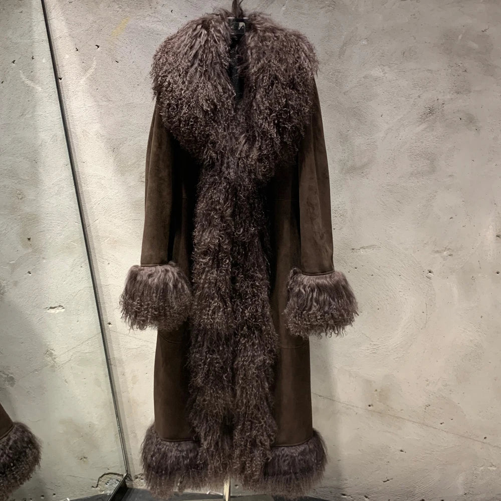 Suede Coat Fur Collar Women Autumn Genuine Sheepskin Coat Long with Mongfolian Fur Trim - Matrix Studios