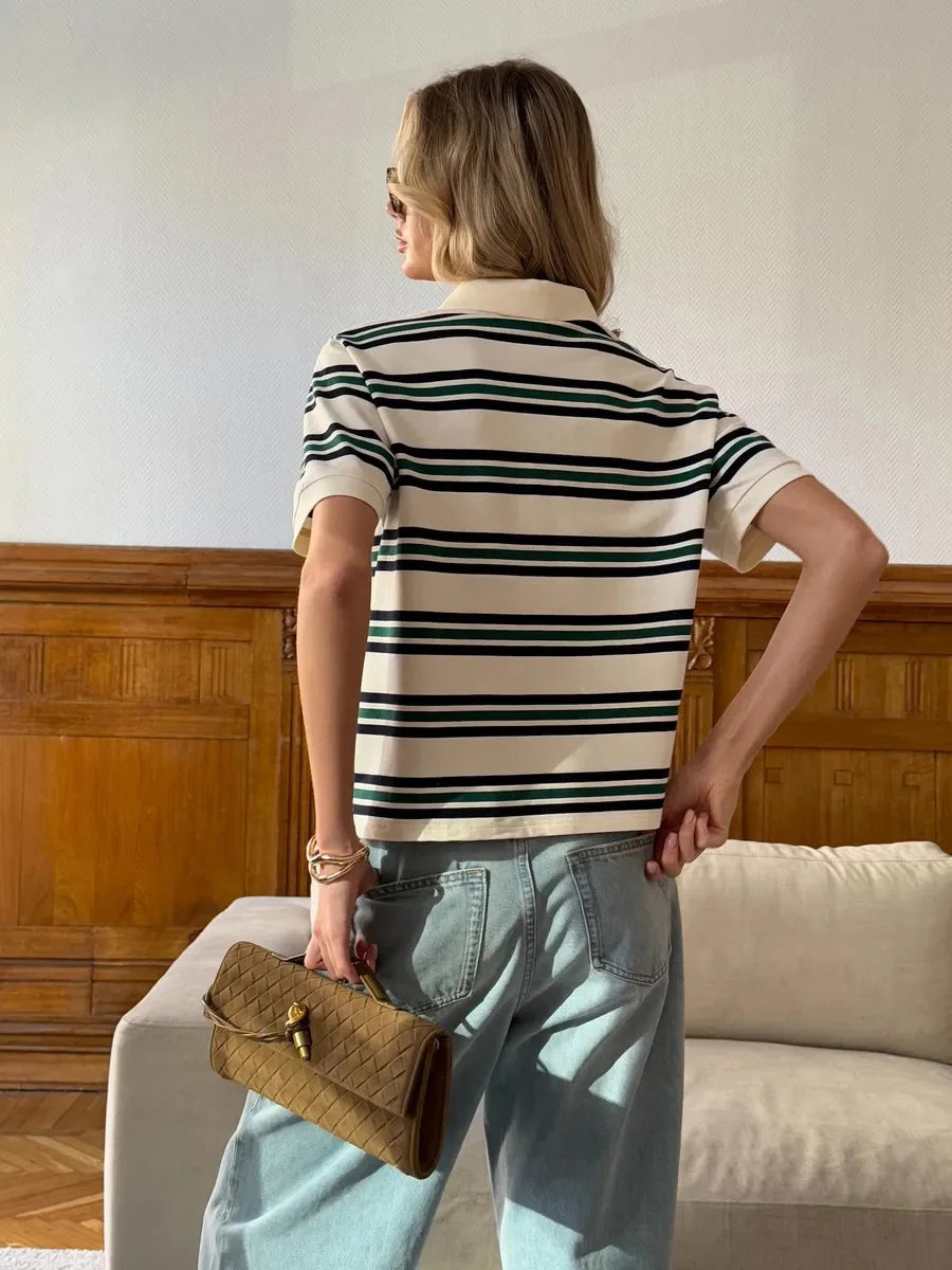 Sumuyoo Women's Retro Striped Polo T-Shirt Loose Fit Short Sleeve Casual Knitted Shirt Fashionable Summer Top for Ladies - Matrix-studios.com