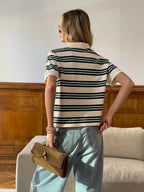 Sumuyoo Women's Retro Striped Polo T-Shirt Loose Fit Short Sleeve Casual Knitted Shirt Fashionable Summer Top for Ladies - Matrix-studios.com