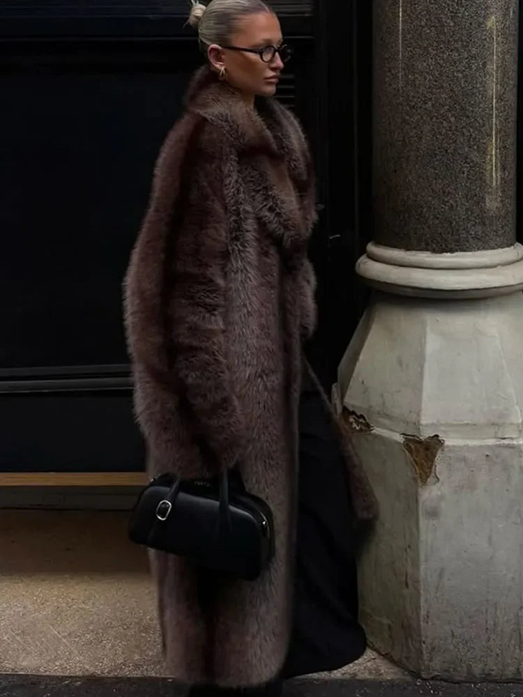 Chic Brown Faux Fur Overcoat Women Casual Luxury Lapel Long Sleeve Fluffy Coat Winter Female Thicken Warm High Street Outwear - Matrix Studios