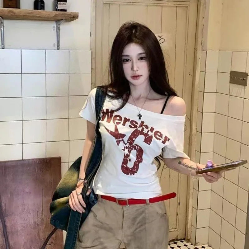 Y2k Sport Summer Off shoulder Top Women Sexy Vintage 2000s Short sleeve T shirt Lady Body Basic Crop Top Female Casual - Matrix-studios.com