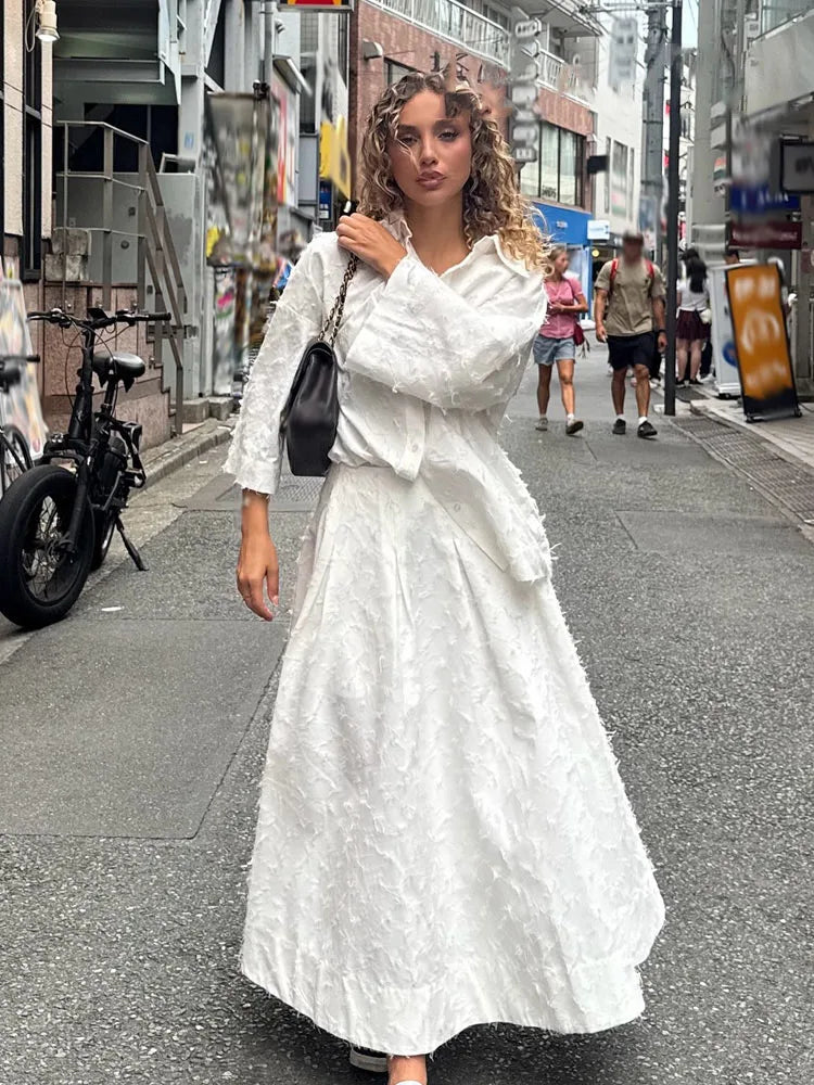 HH Women Tassel Sets White Turn-Down Collar Single-Breasted Shirts+High Waist Zipper A-Line Long Skirts Female Holiday Suit - Matrix-studios.com