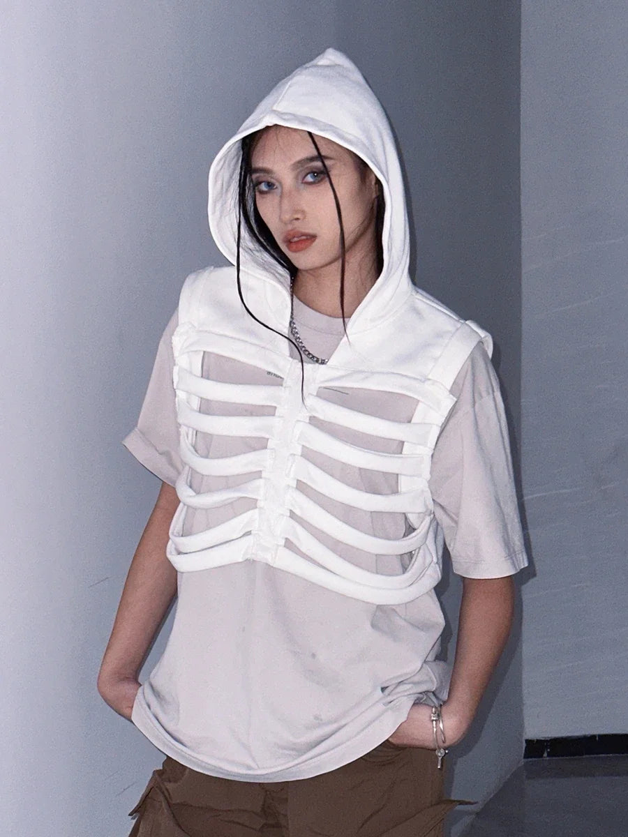 Women Gothic Vest Coat Hollowed Skeletal Gilet Hoodie Sleeveless Hooded Waistcoat Streetwear for Party - Matrix Studios