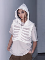 Women Gothic Vest Coat Hollowed Skeletal Gilet Hoodie Sleeveless Hooded Waistcoat Streetwear for Party - Matrix Studios