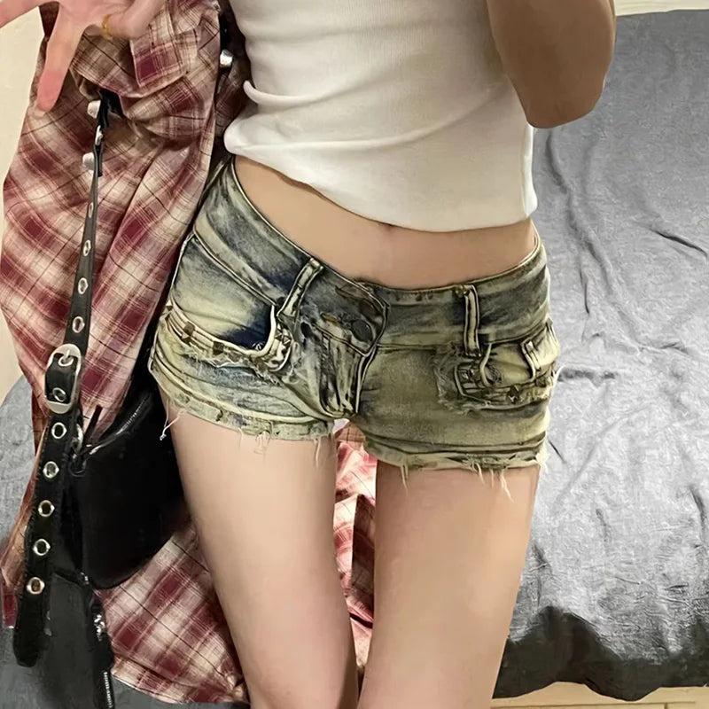 New Woman Designer Low Waist Punk Jeans Girls Aesthetic Elastic High Street Mini Pants Female Sexy Nightclub Summer Denim Shorts - Matrix-studios.com