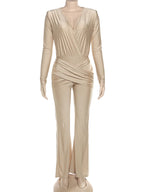 Weird Puss Cross Ruched Jumpsuit Women Patchwork Deep V-Neck Full Sleeve Elegant Skinny Stretch Workout Office Classic Overalls - Matrix Studios