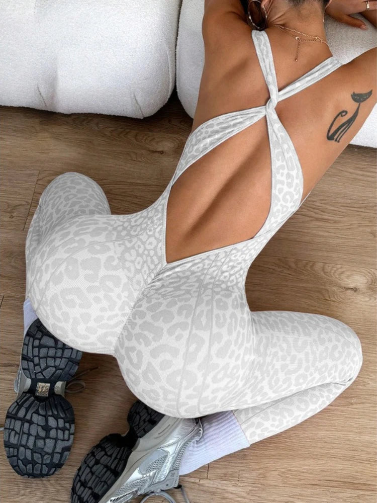 Sexy Leopard Print Sports Jumpsuits for Women V-neck Backless Yoga Bodysuit Female Sleeveless Tight Gym Running Fitness Overalls - Matrix Studios